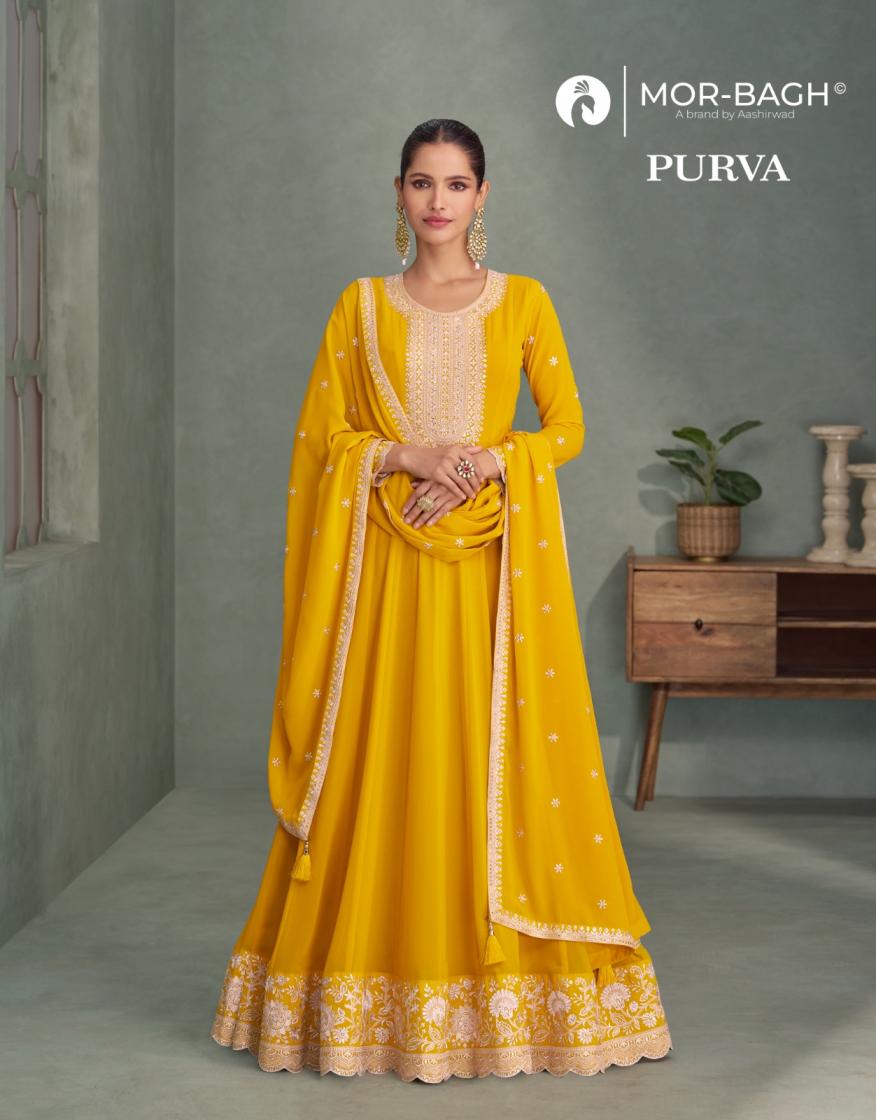 purva by aashirwad creation georgette readymade trendy gown with dupatta 