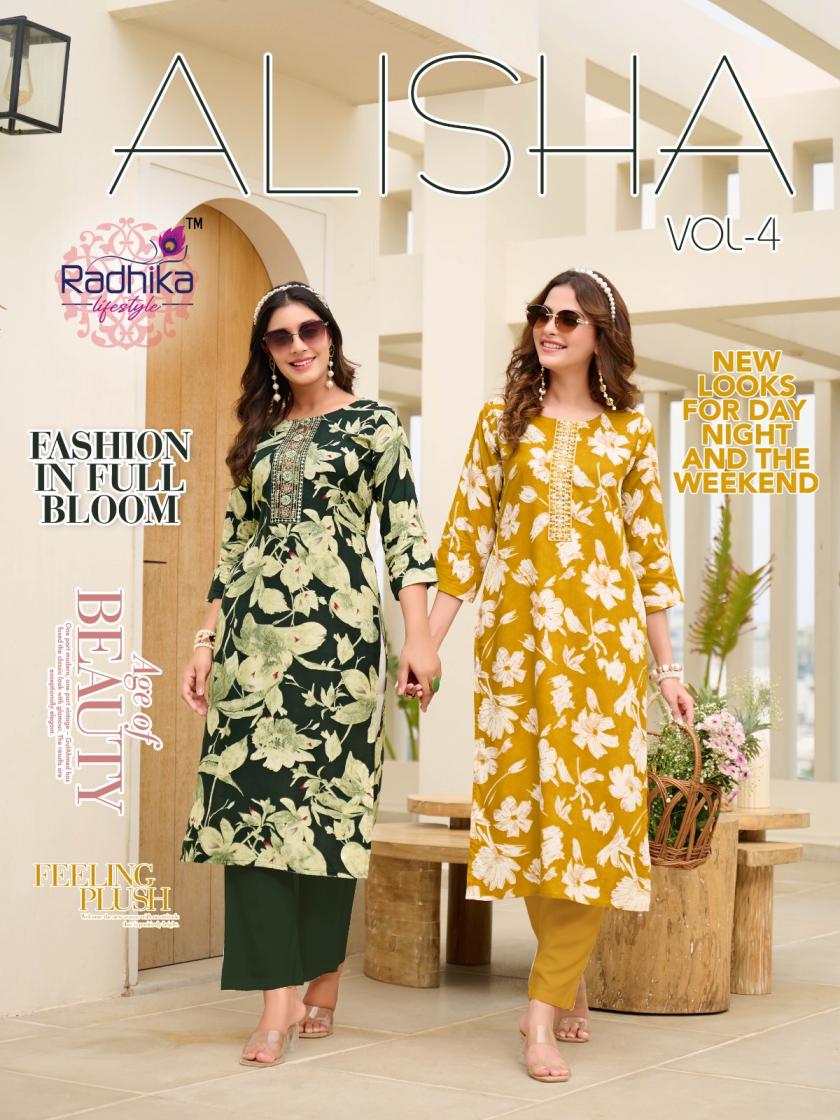 radhika lifestyle alisha vol 4 rayon print fully stitch casual big size long kurtis 