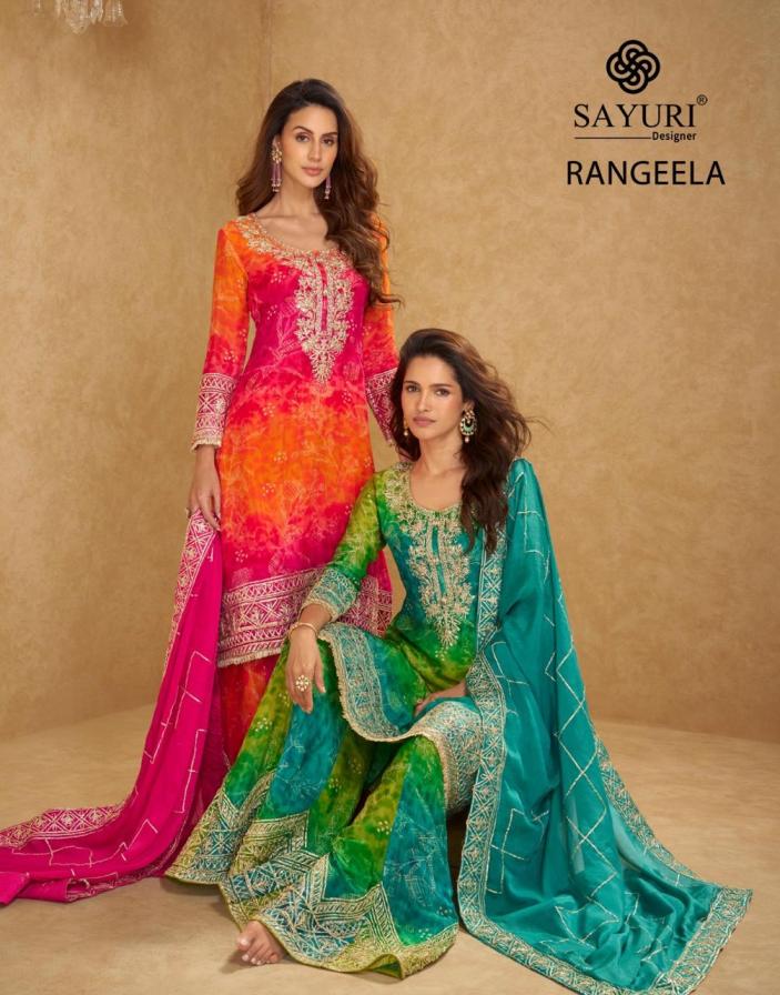 sayuri designer rangeela chinon silk full stitch exclusive plazzo style 3pcs dress