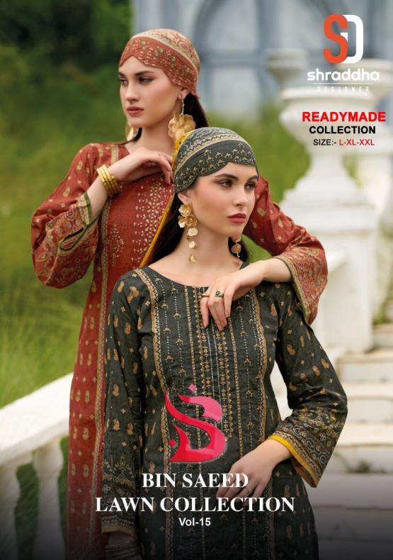 shraddha designers presents bin saeed vol 15 cotton 3pcs full stitch suit for women 
