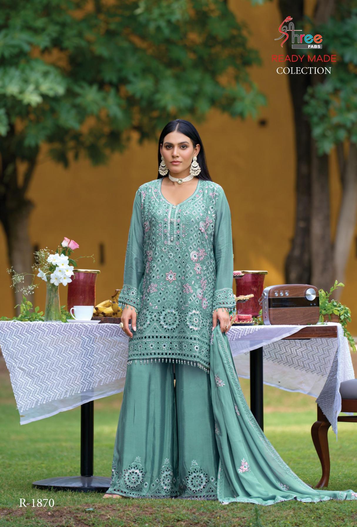 shree fabs r 1870 chinon readymade pakistani plazzo style 3pcs dress 