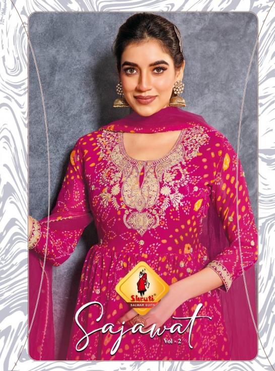 shruti suit sajawat vol 2 georgette bandhni print readymade unique gown with dupatta 