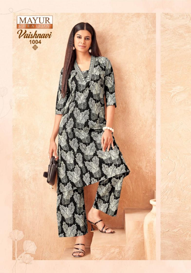 vaishnavi vol 1 by mayur creation cotton a line modern full stitch co-ord set online 