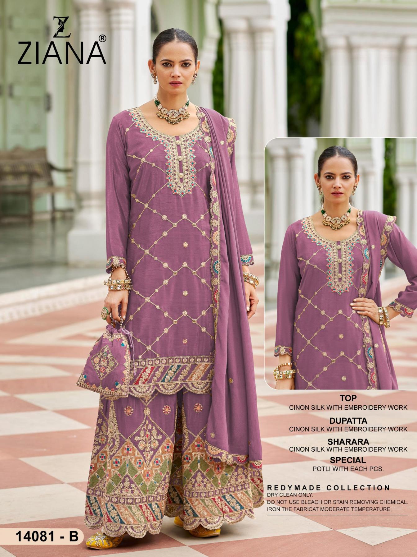 14081 by ziana exclusive readymade chinon silk pakistani plazzo suits 
