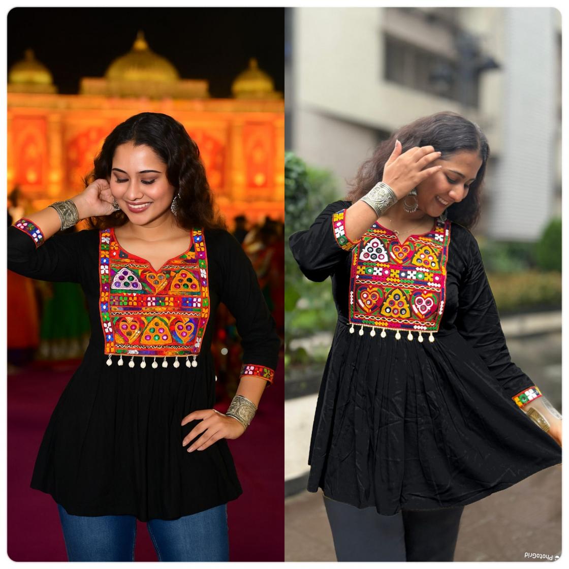 ai navratri rayon gamthi & kodi lace amazing full stitch short kurtis 