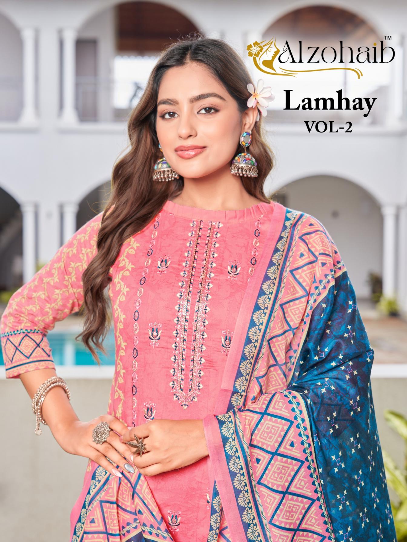 alzohaib lamhay vol 2 cotton pakistani regular wear 3pcs dress online shoppling