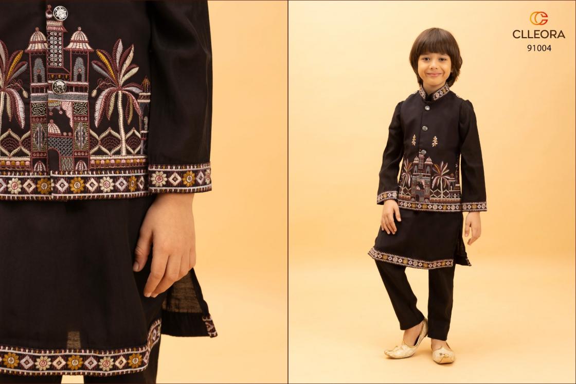 clleora little couture viscose silk fully stitch kids festive koti kurta with pant
