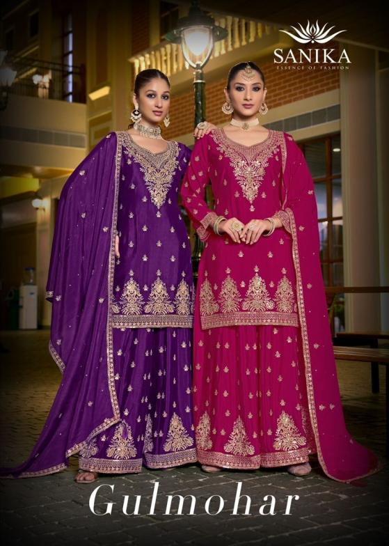 gulmohar by sanika fashion traditional chinon silk fully stitch plazzo style dress