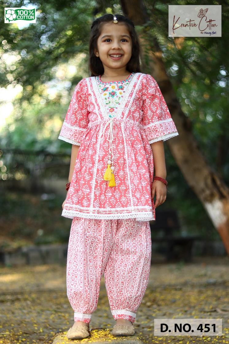 kreative cotton readymade stylish kids combo kurti with pant 