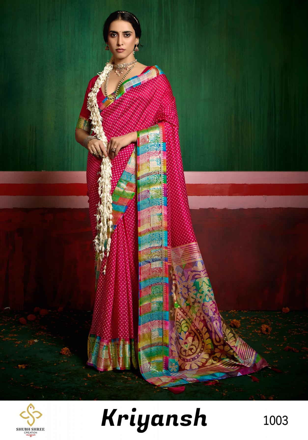 kriyansh by shubh shree creation velvet tussar silk unique bandhej sarees 