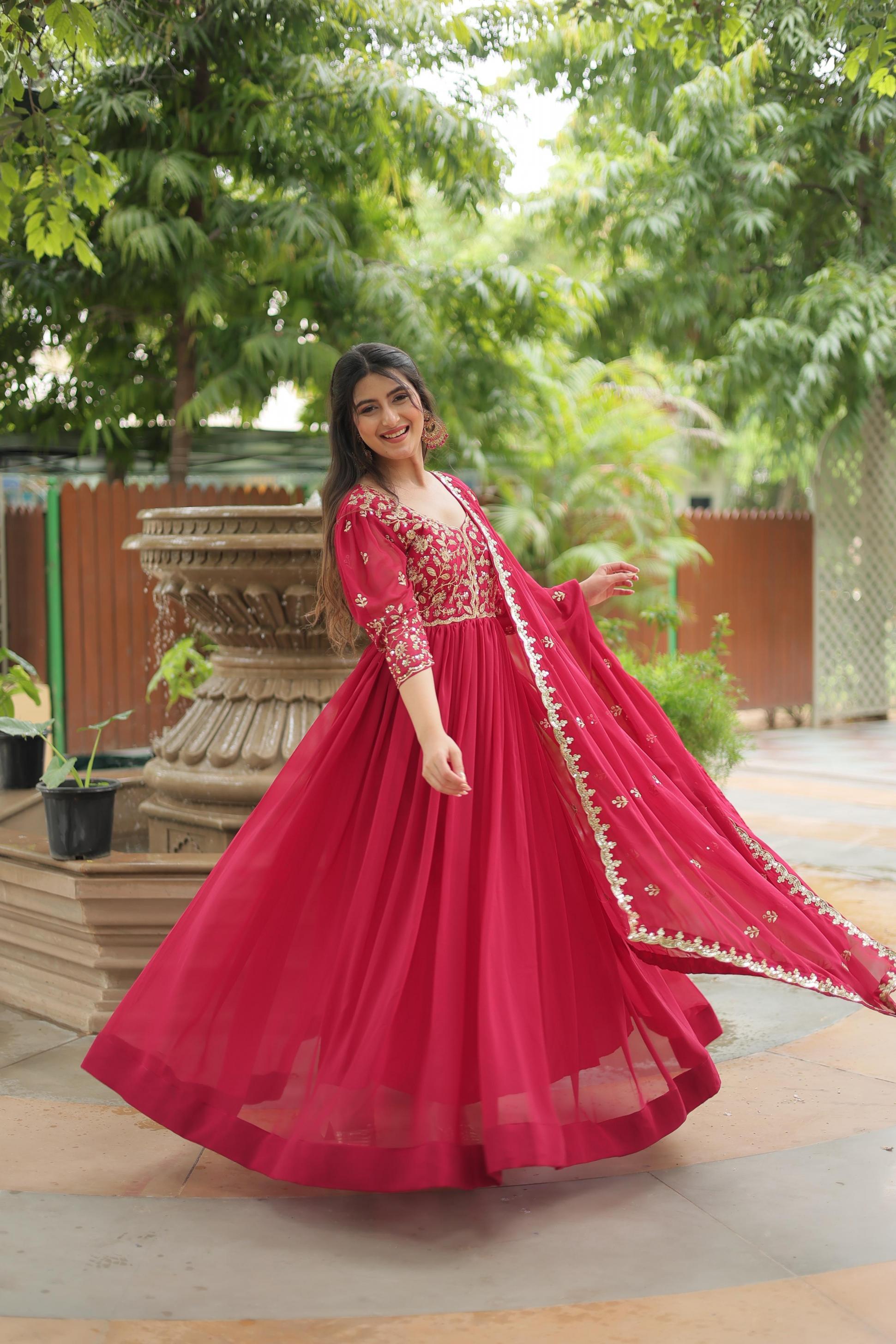lw 9208 exclusive faux blooming readymade gown with dupatta 