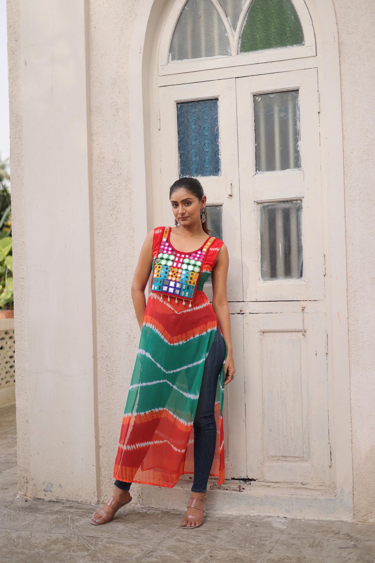 lw 9267 georgette kutchi gamthi mirror full stitch navratri long kurti 