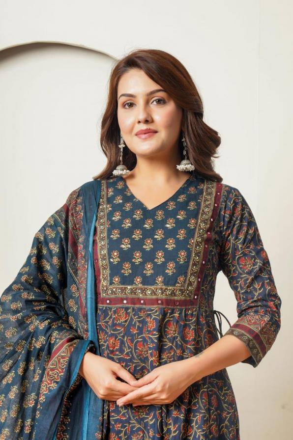 modern anarkali cotton pretty readymade combo kurti pant dupatta set