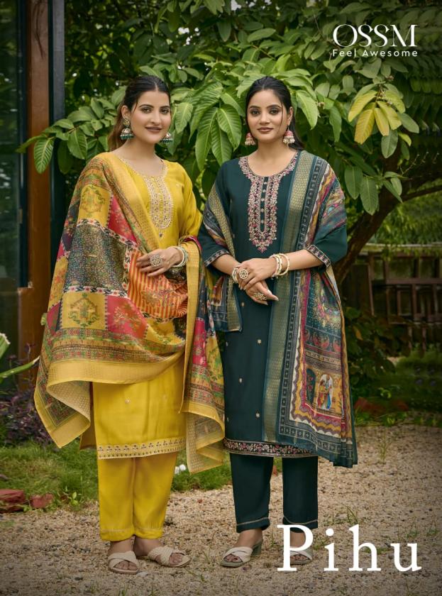 pihu by ossm stylish readymade viscose roman silk big size 3pcs dress