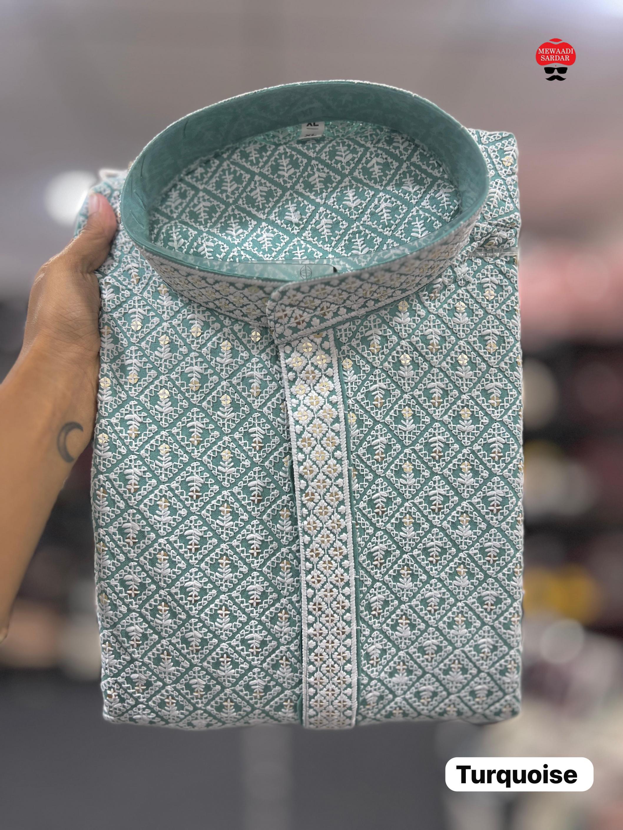 saiyaara rayon chikankari schiffli work full stitch fancy mens kurta 