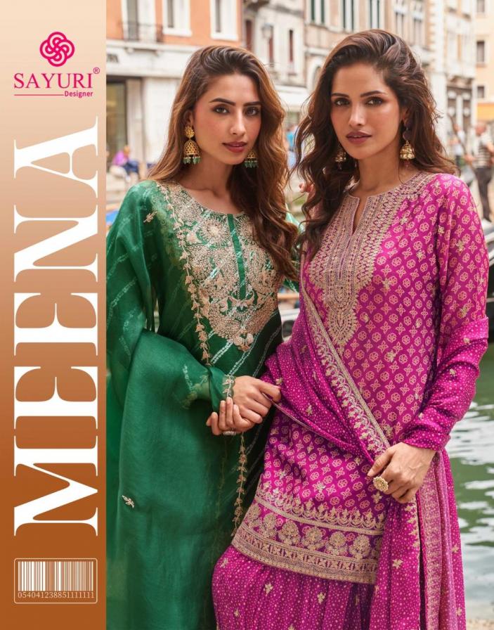 sayuri designer meena chinon silk readymade exclusive plazzo suits 