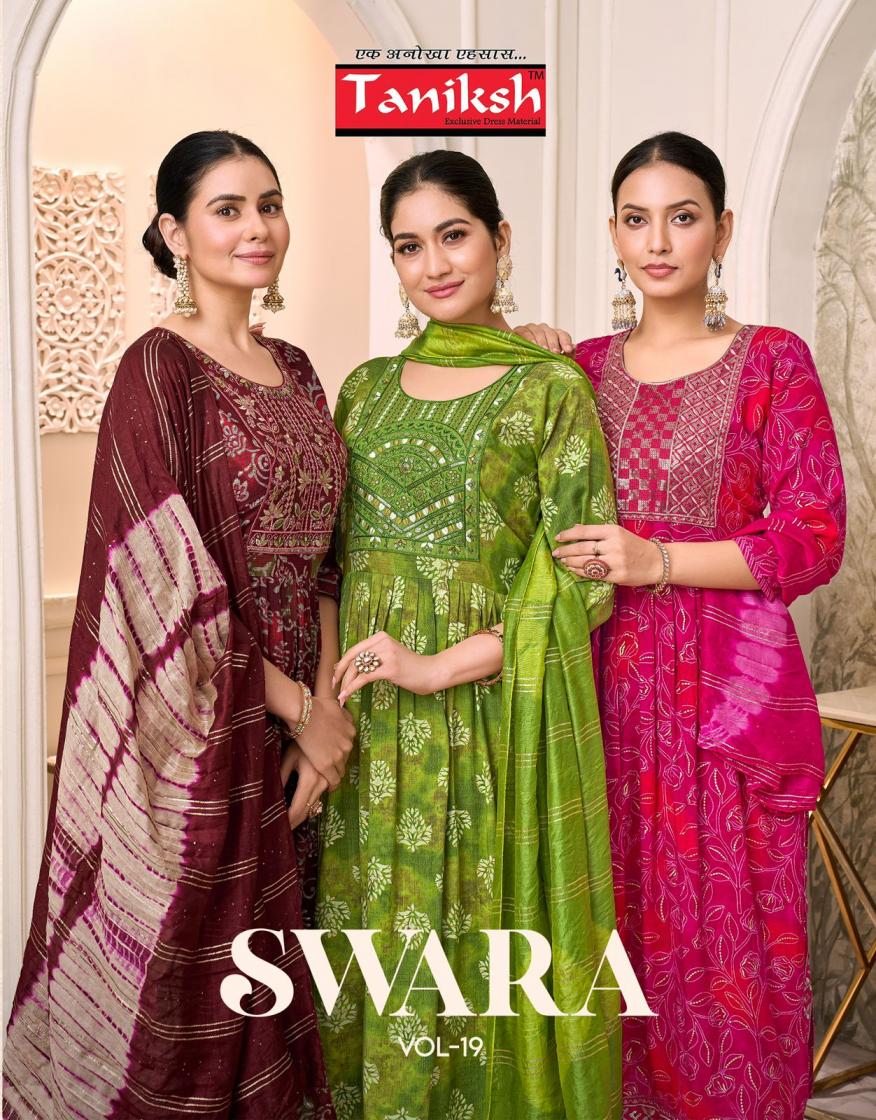 swara vol 19 by taniksh capsule rayon nyra cut readymade 3pcs dress