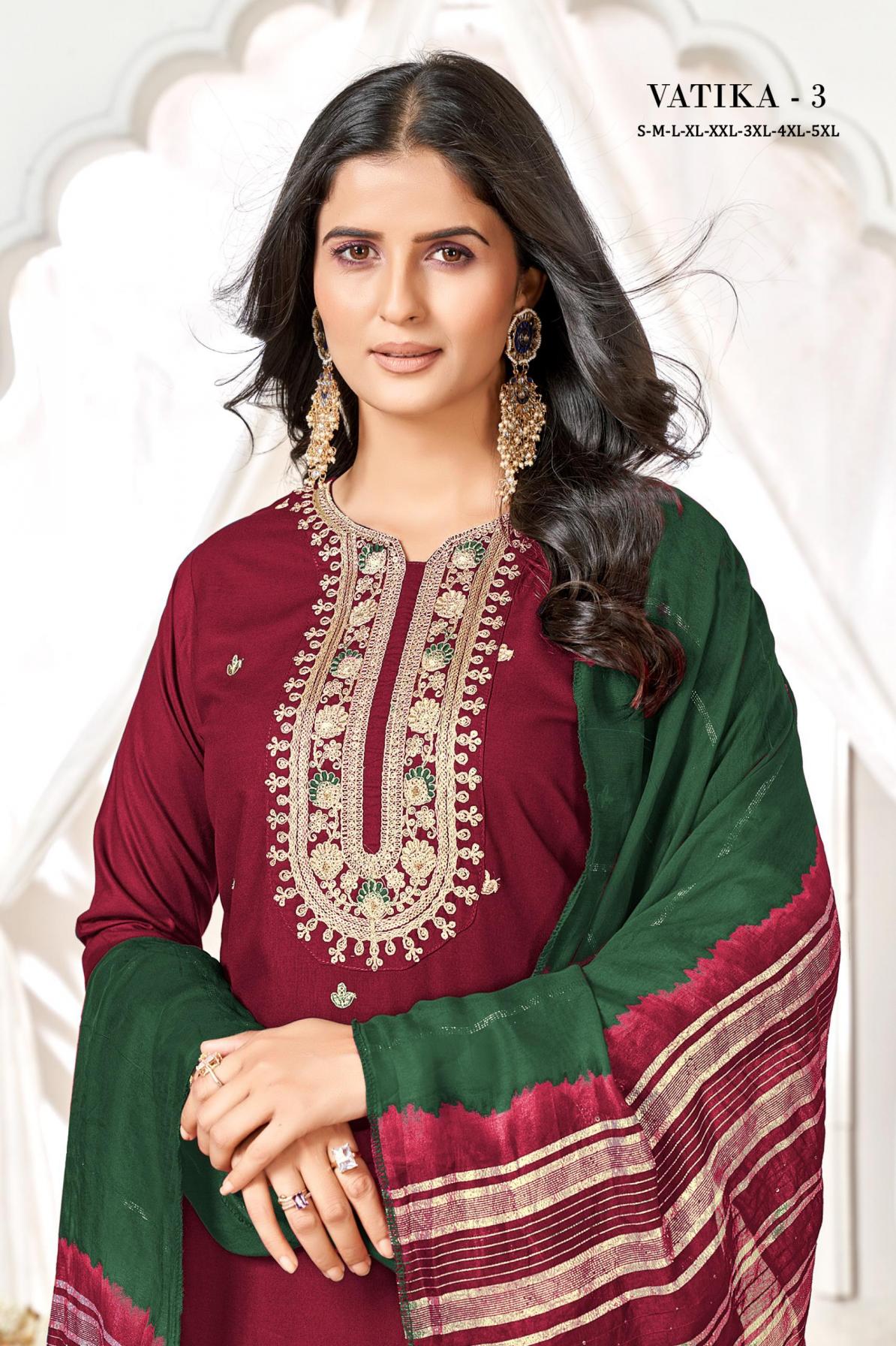 vatika vol 3 rayon gold print daily wear full stitch plus size 3pcs dress