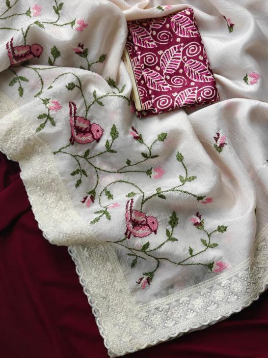 white sparrow colour addition chiffon crushed sarees