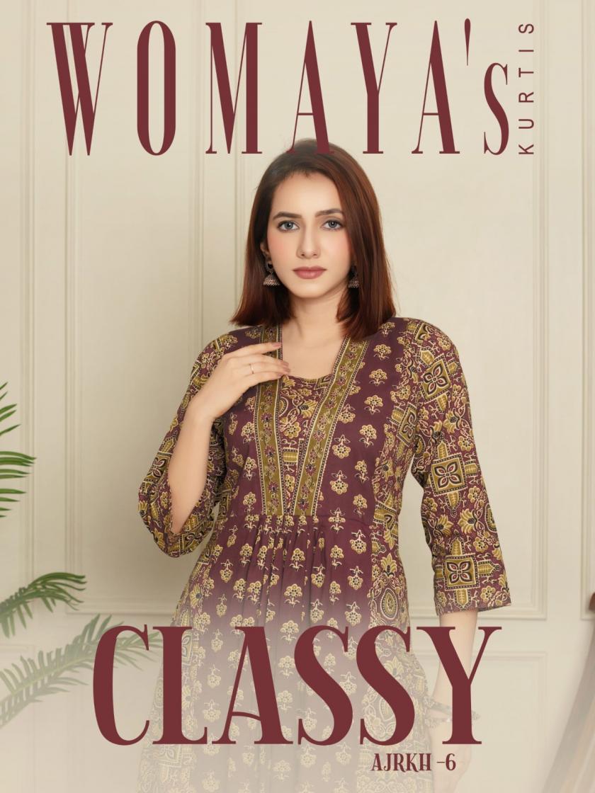 womaya classy ajrkh vol 6 cotton cambric combo set readymade kurti with pant 
