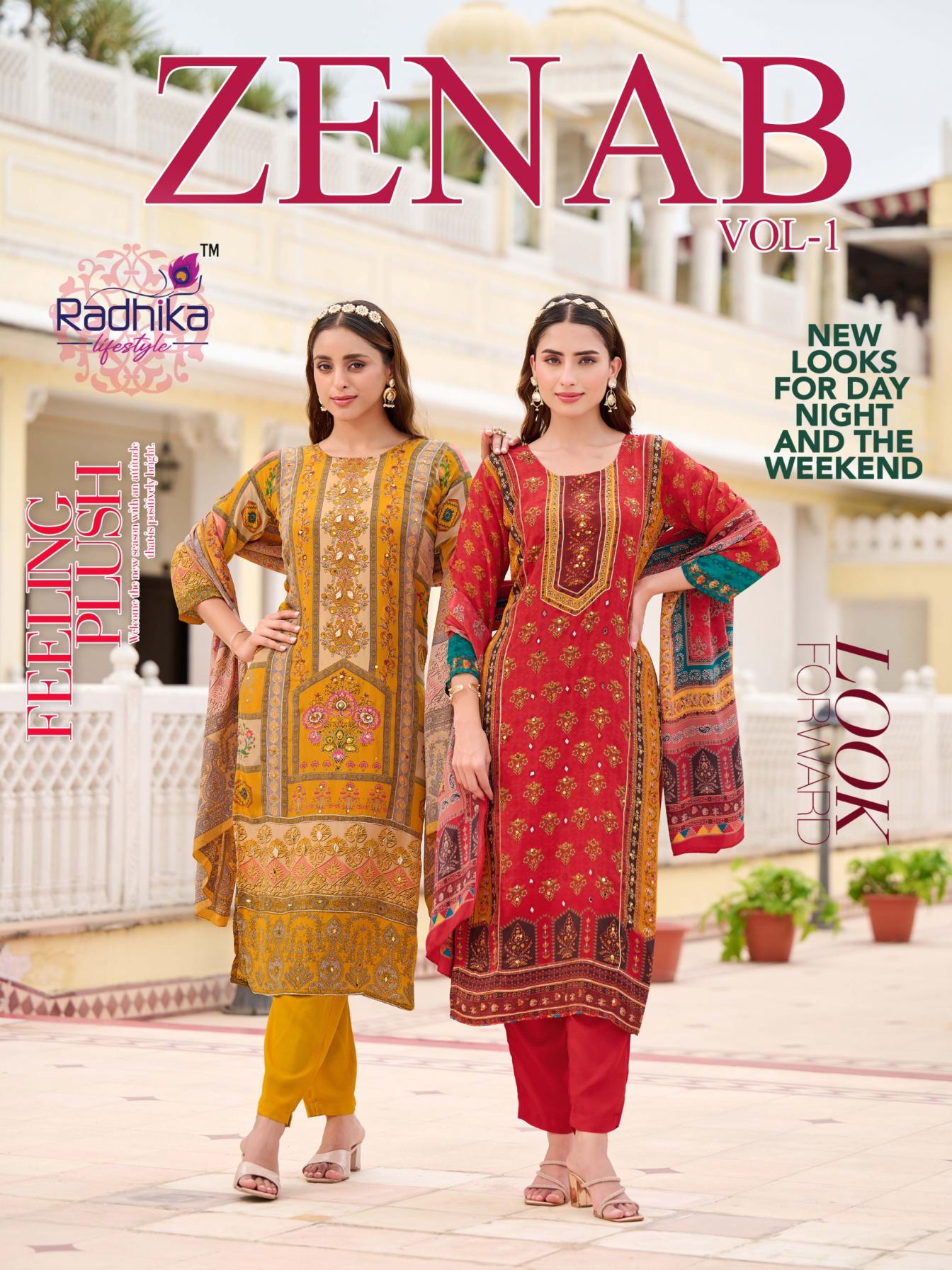 zenab vol 1 by radhika lifestyle natural crape fully stitch casual 3pcs dress