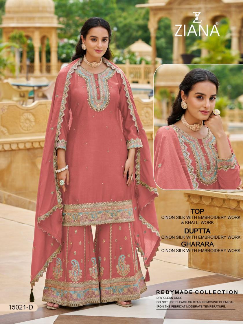 15021 by ziana party wear readymade chinon silk combo plazzo suit 