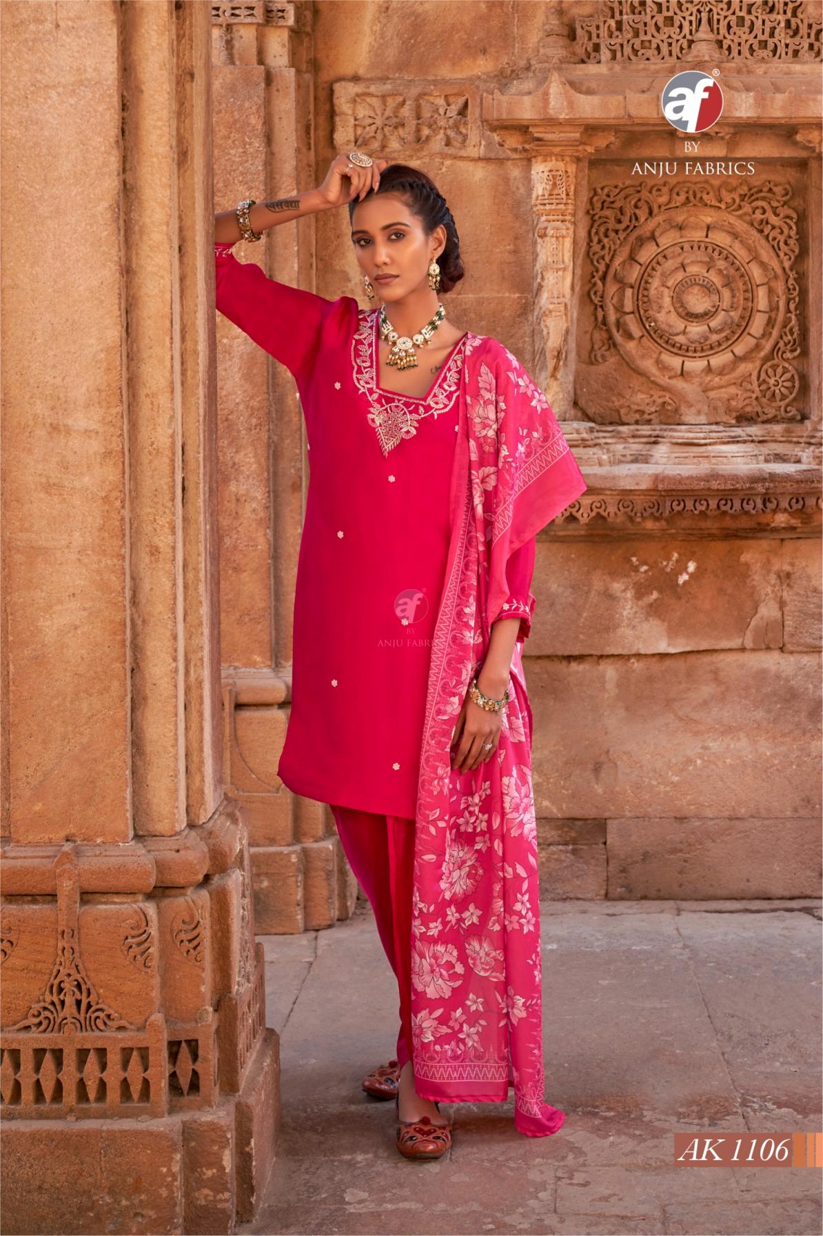 anju fab ak 1106 natural crepe readymade party wear combo suits 