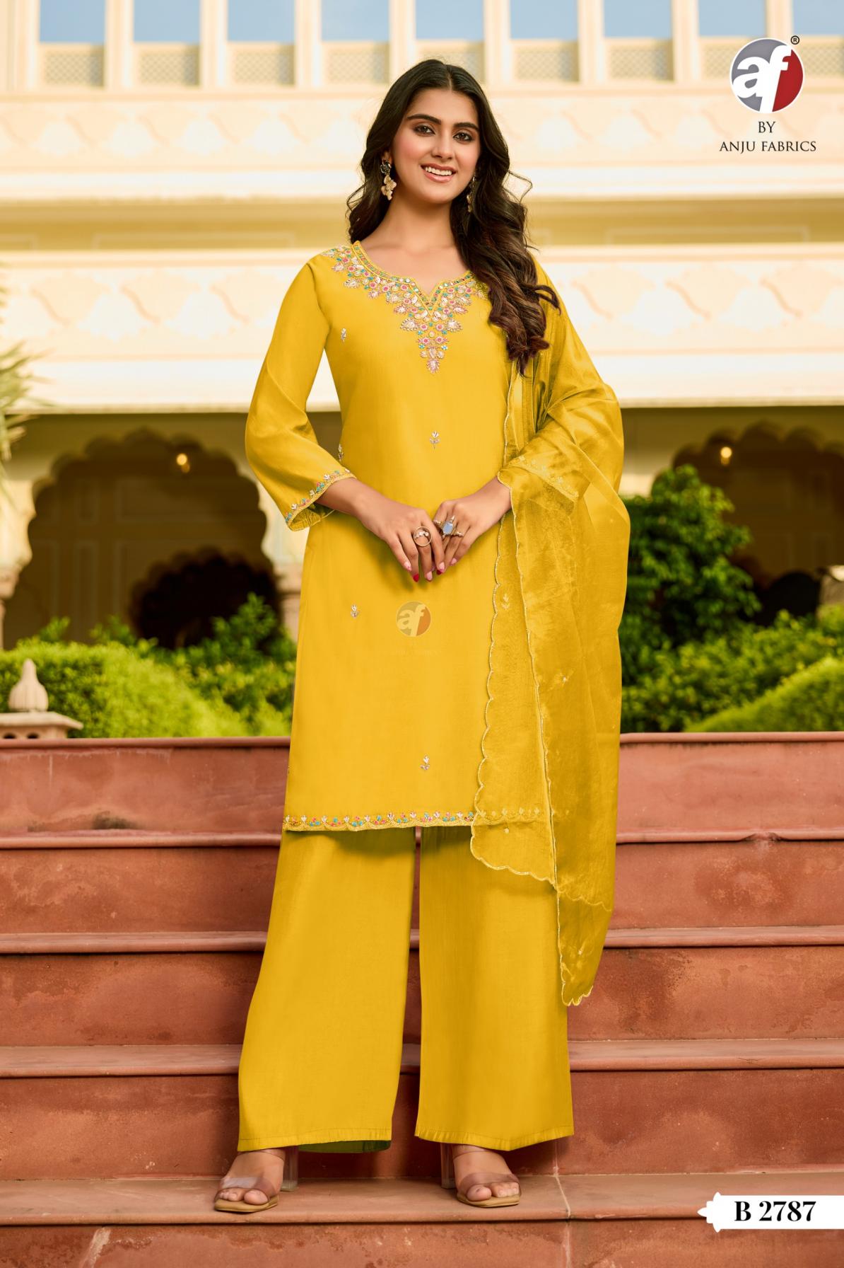 anju fab b 2787 full stitch modal silk combo short kurti with wide pant & dupatta for womens 