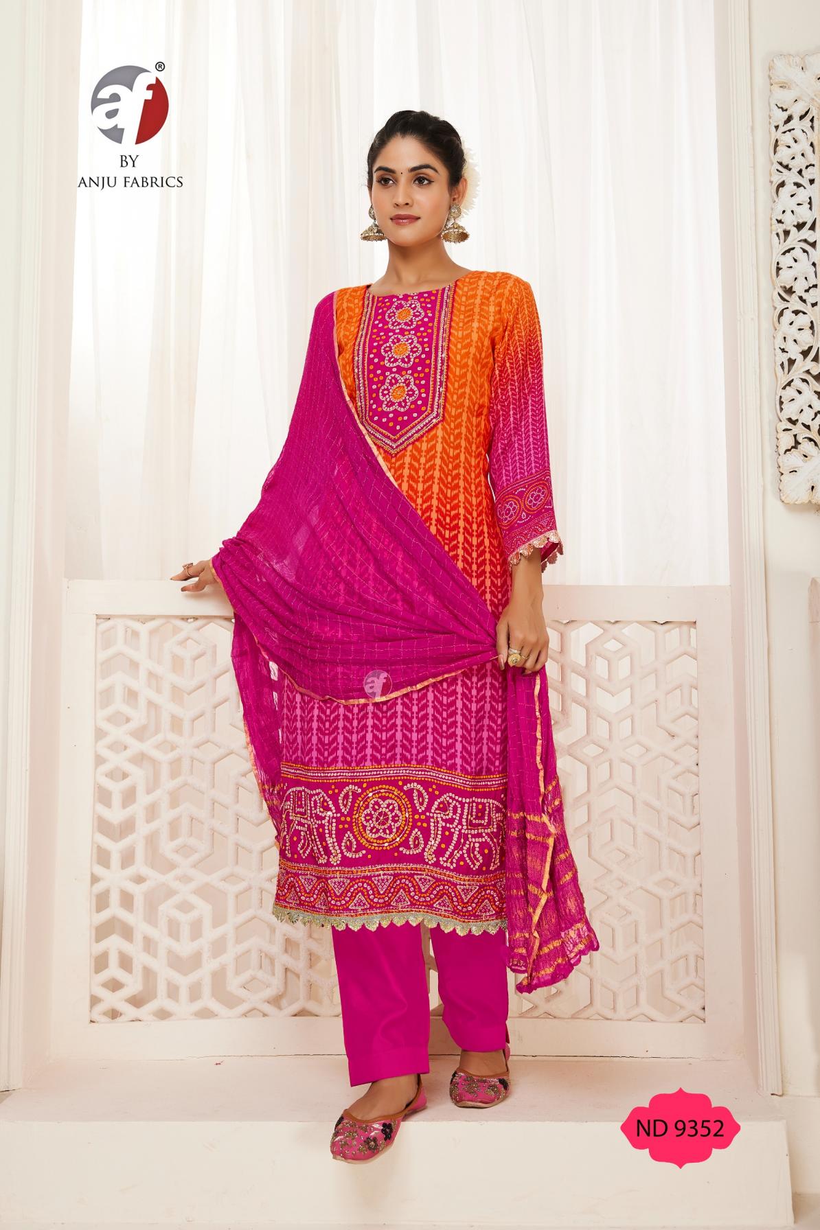 anju fab nd 9352 readymade traditional viscose blaze shimmer combo suits 