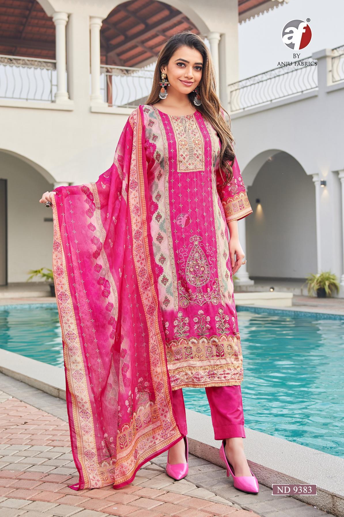 anju fab nd 9383 viscose silk full stitch stylish combo 3pcs dress 