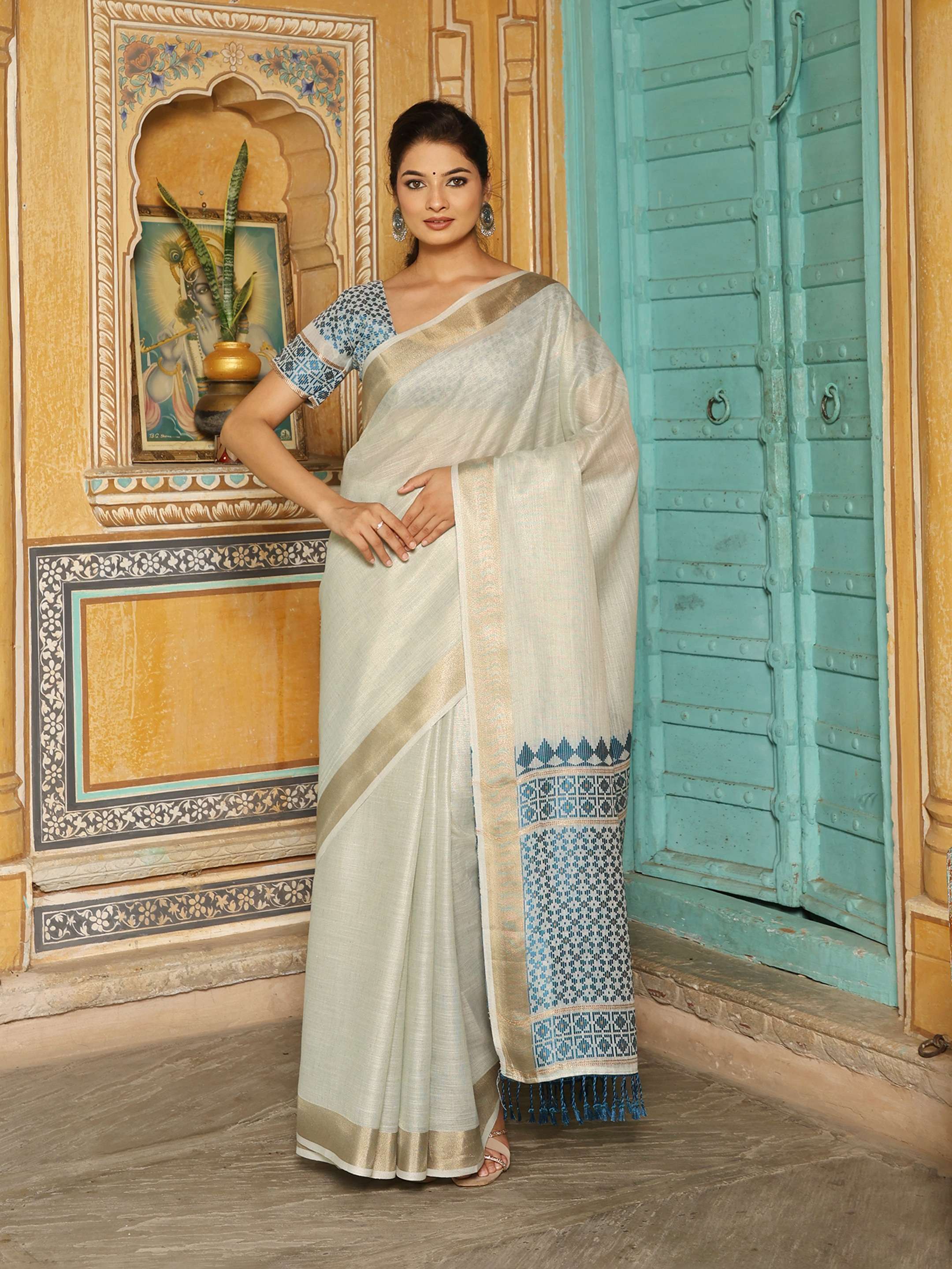 HENOI THREADS by Astita fancy designer linen  fabric saree with threads work wholesale with latkan 