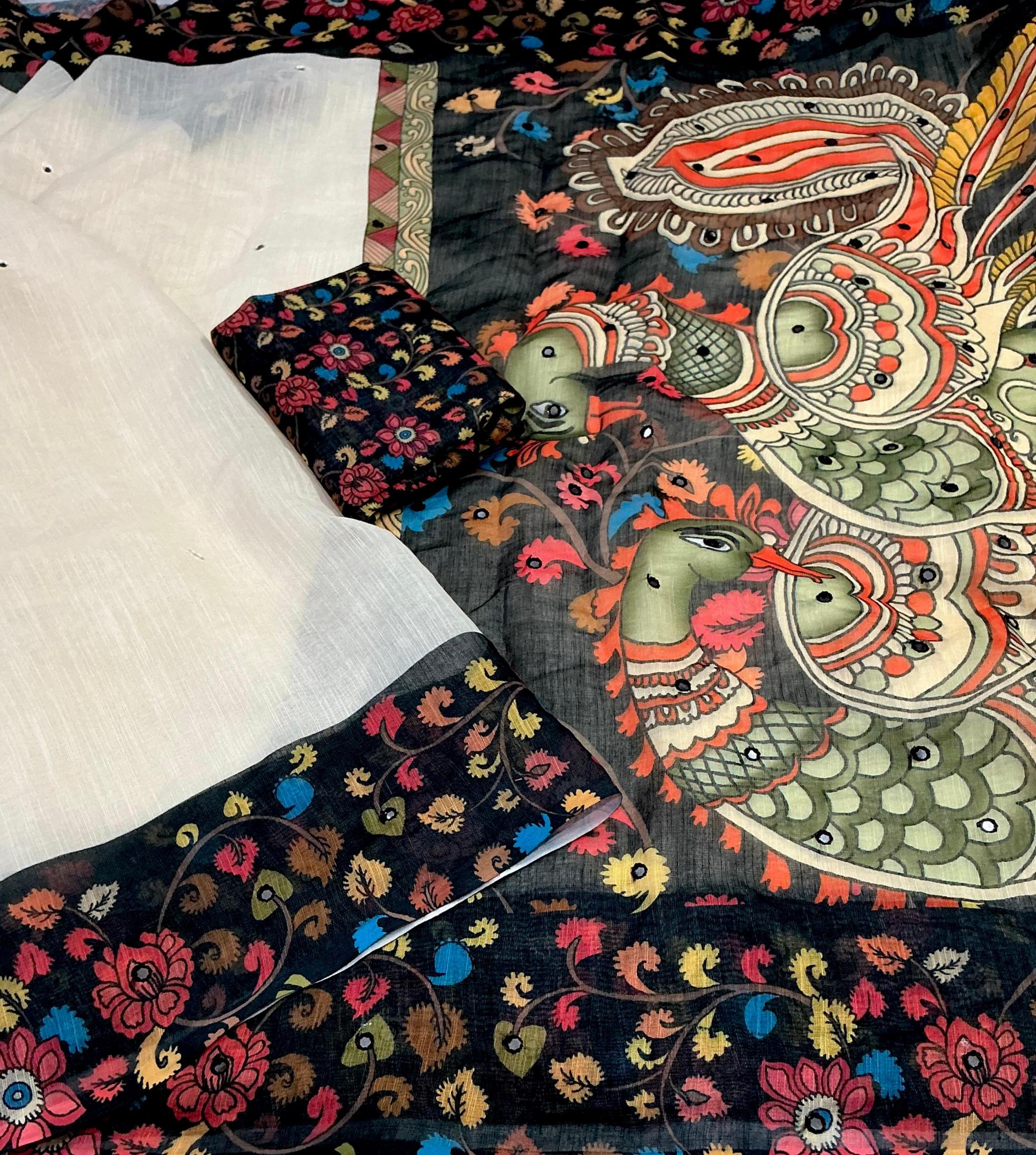 kalamkari linen with tone-to-tone mirror work best saree online 