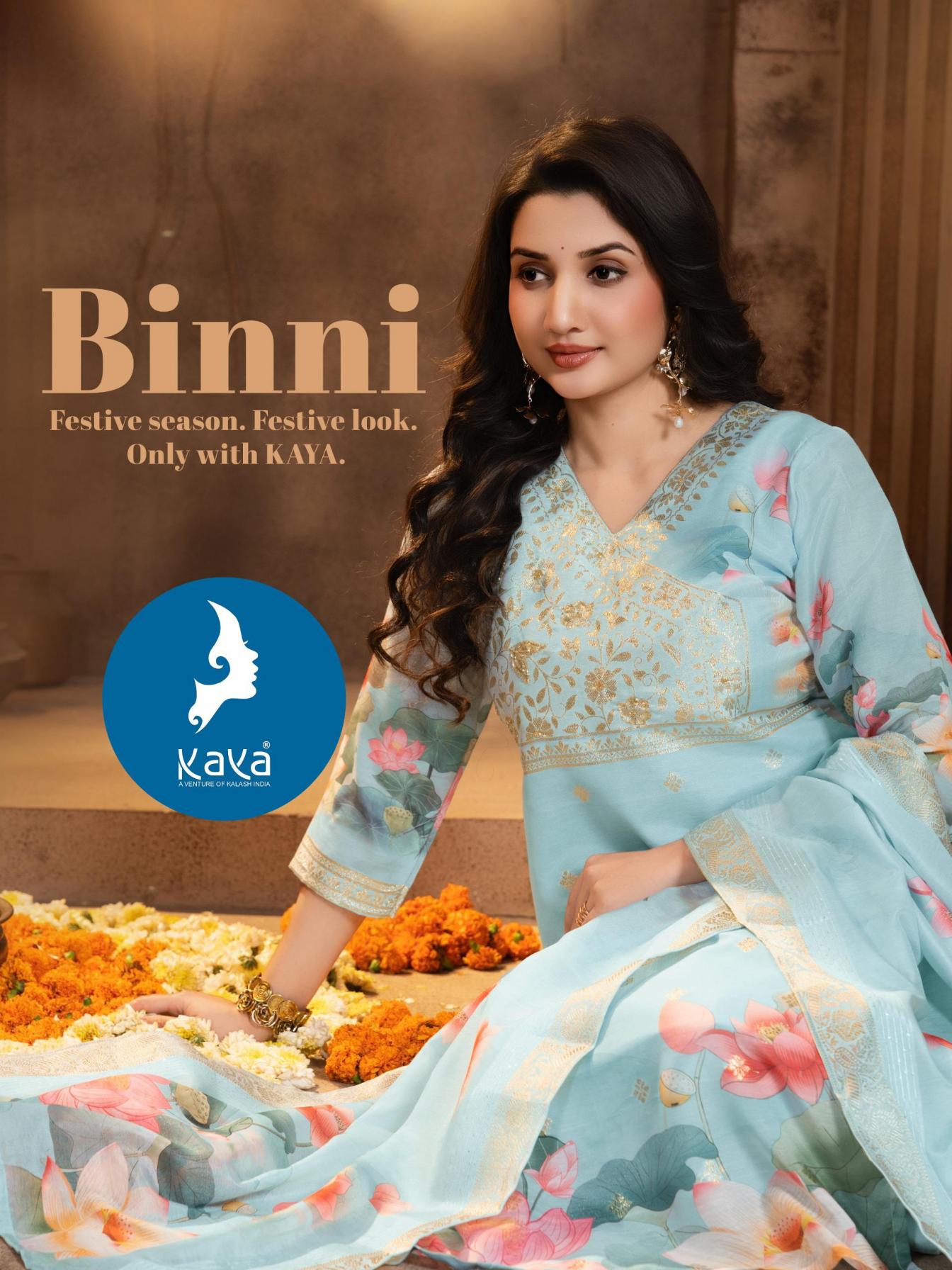 kaya binni pretty look full stitch chanderi jacquard big size 3pcs dress