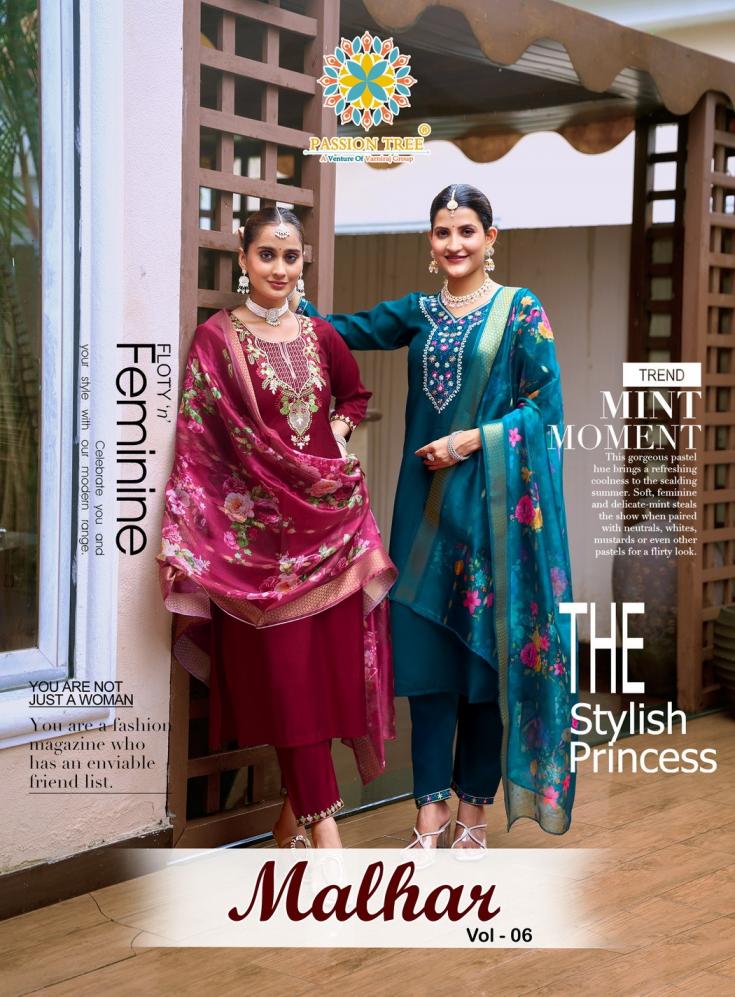 malhar vol 6 by passion tree roman silk readymade plus size suit for womens 