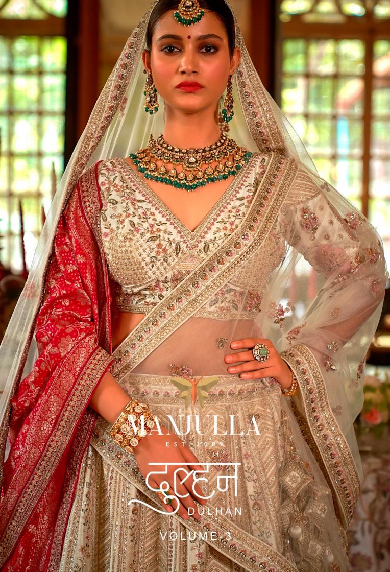 manjulla fashion dulhan vol 3 tone silk stitch lehenga unstitch choli for bride online   