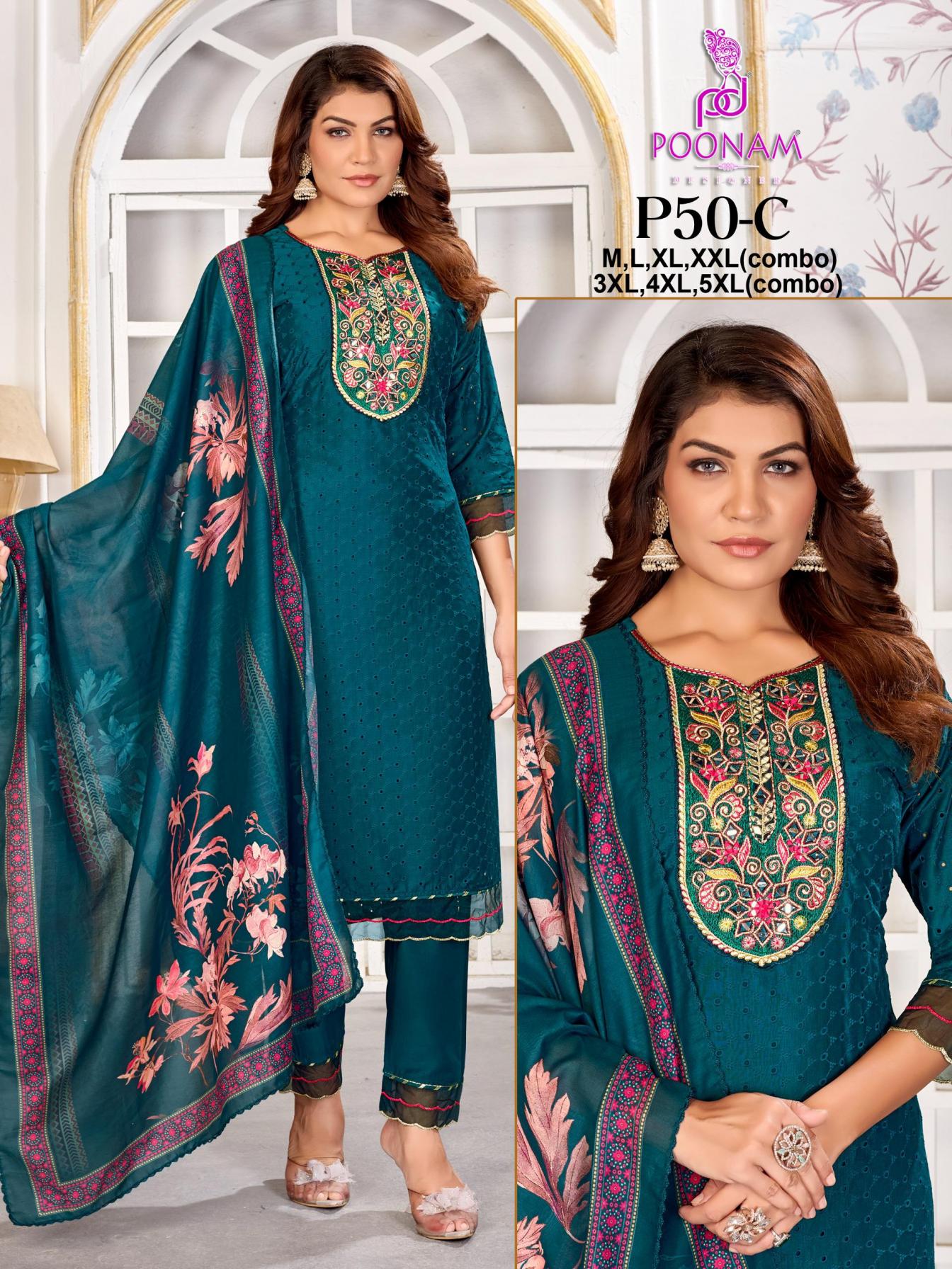 poonam designer p50 muslin full stitch pretty combo set 3pcs dress 