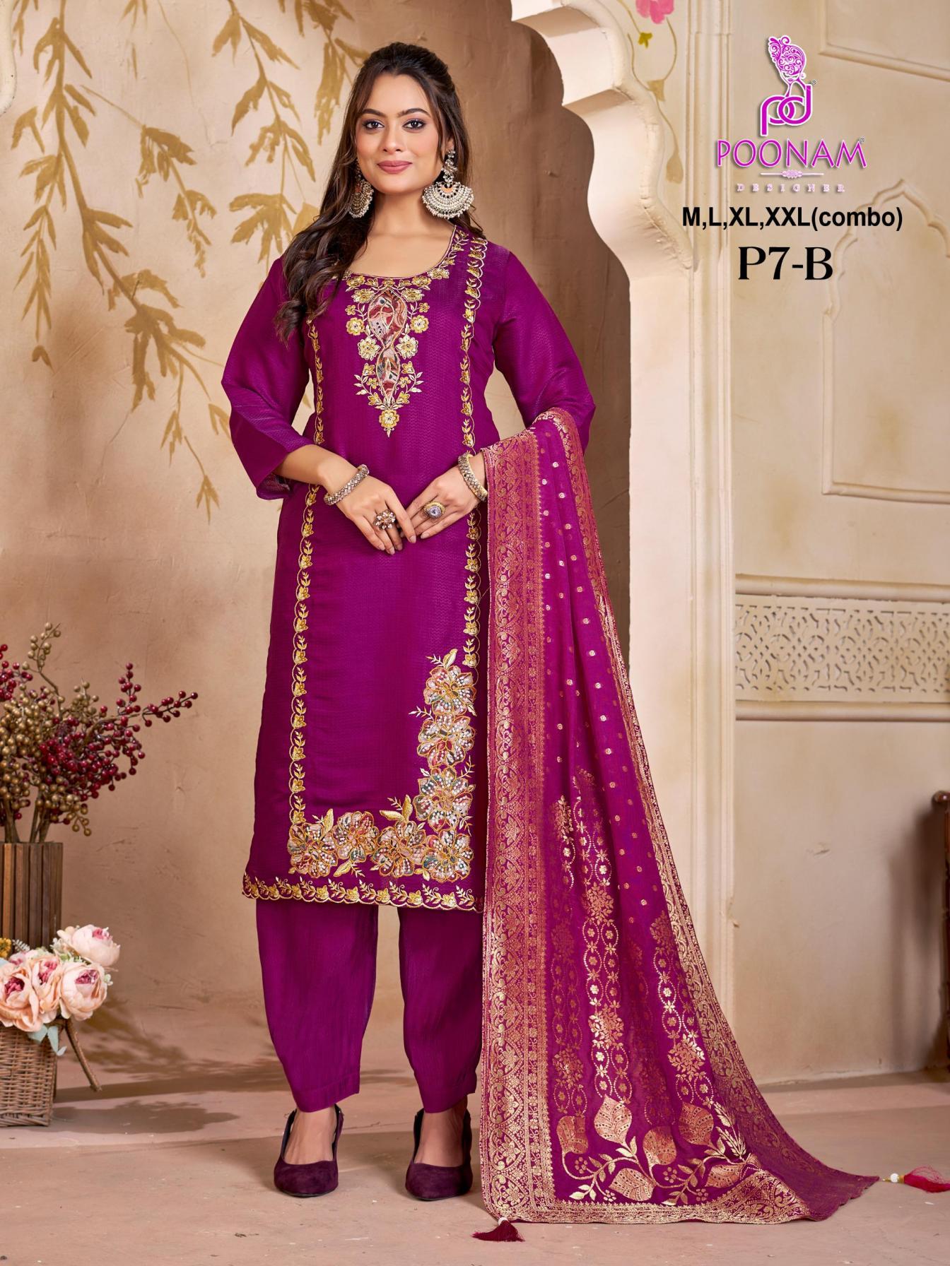 poonam designer p7 a-b jacquard mal chanderi readymade big size combo suits 