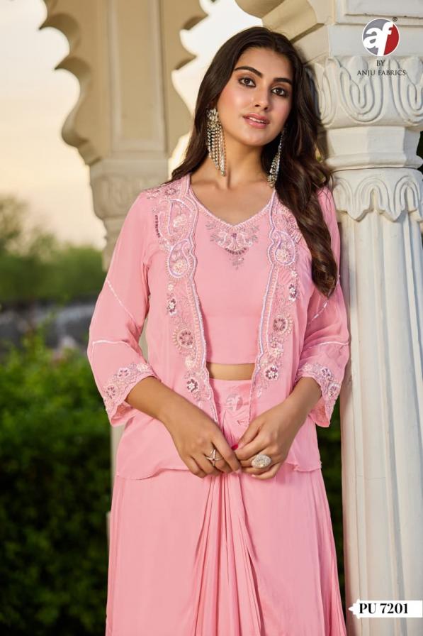 pu 7201 by anju fab chinon chiffon fully stitch combo crop top drape skirt with jacket