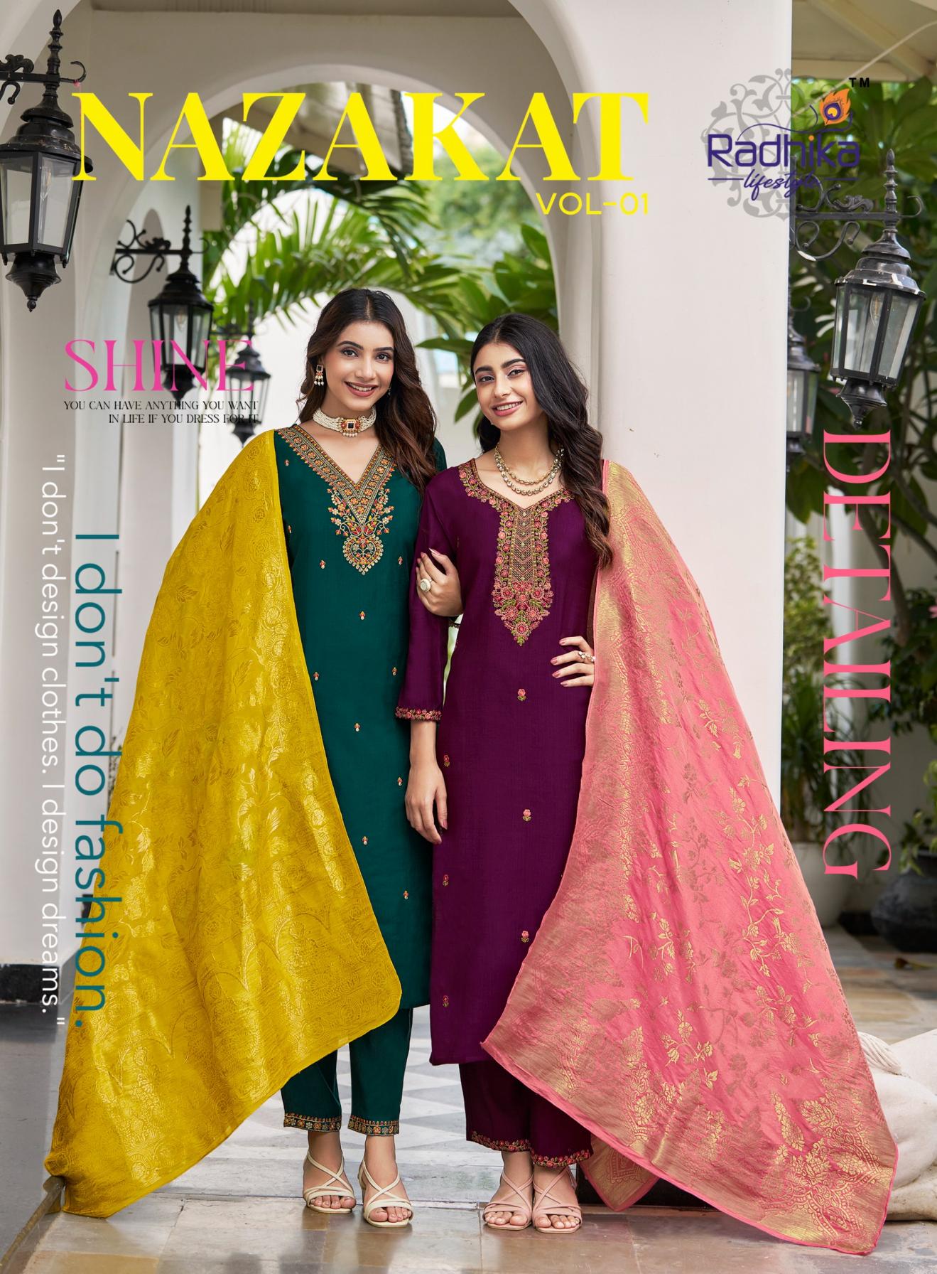radhika lifestyle nazakat vol 1 full stitch vertican silk big size suit for womens 