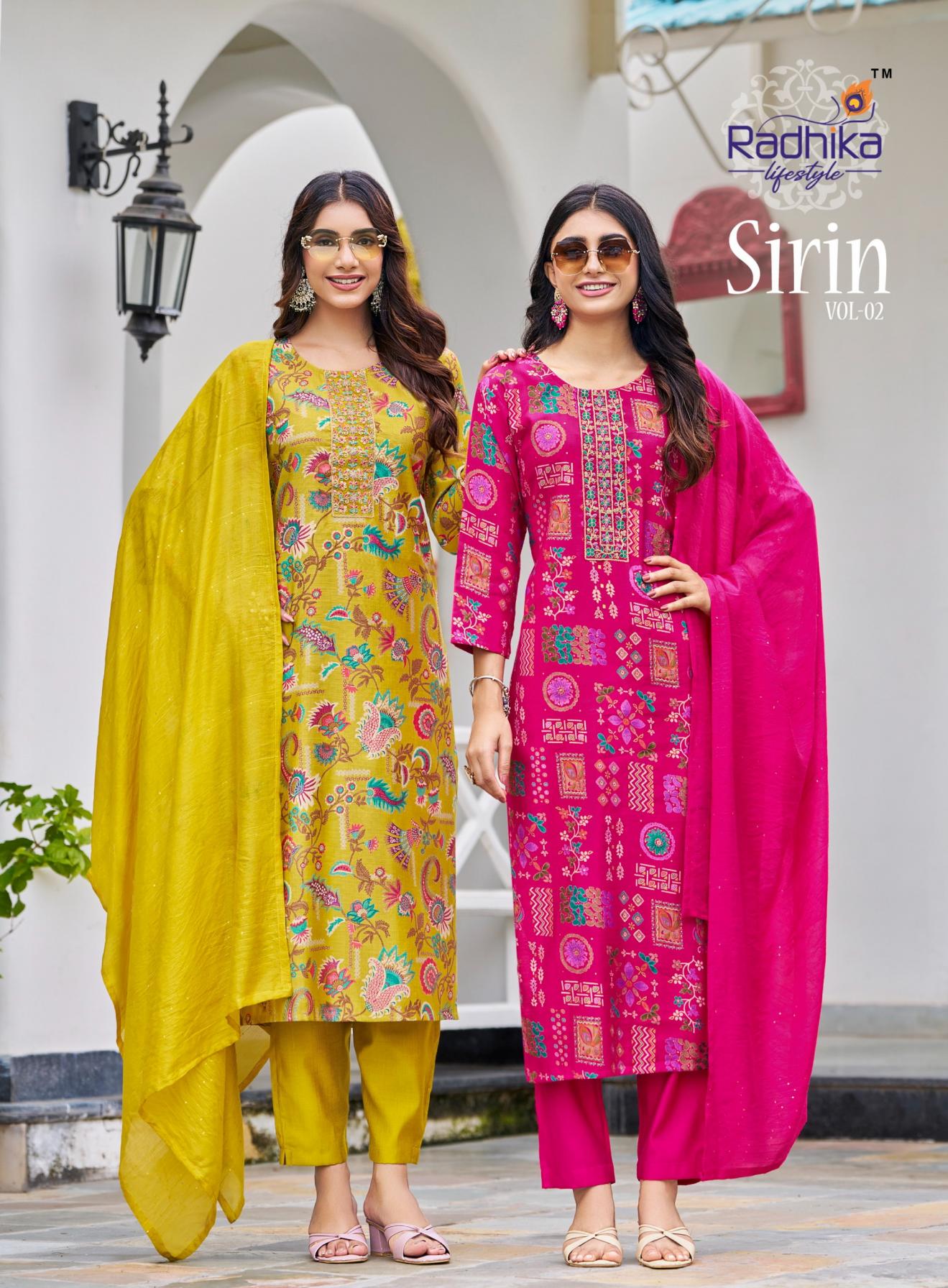 radhika lifestyle sirin vol 2 vertican fully stitch stylish big size 3pcs dress