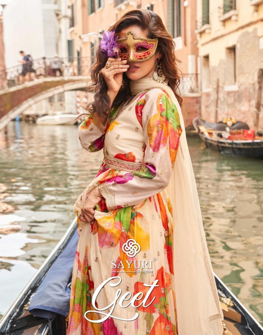 sayuri designer geet chinon silk premium readymade gown with dupatta 