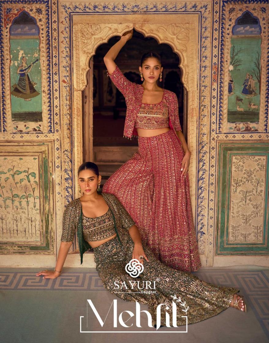 sayuri designer mehfil fully stitch georgette plazzo blouse with jacket western dress