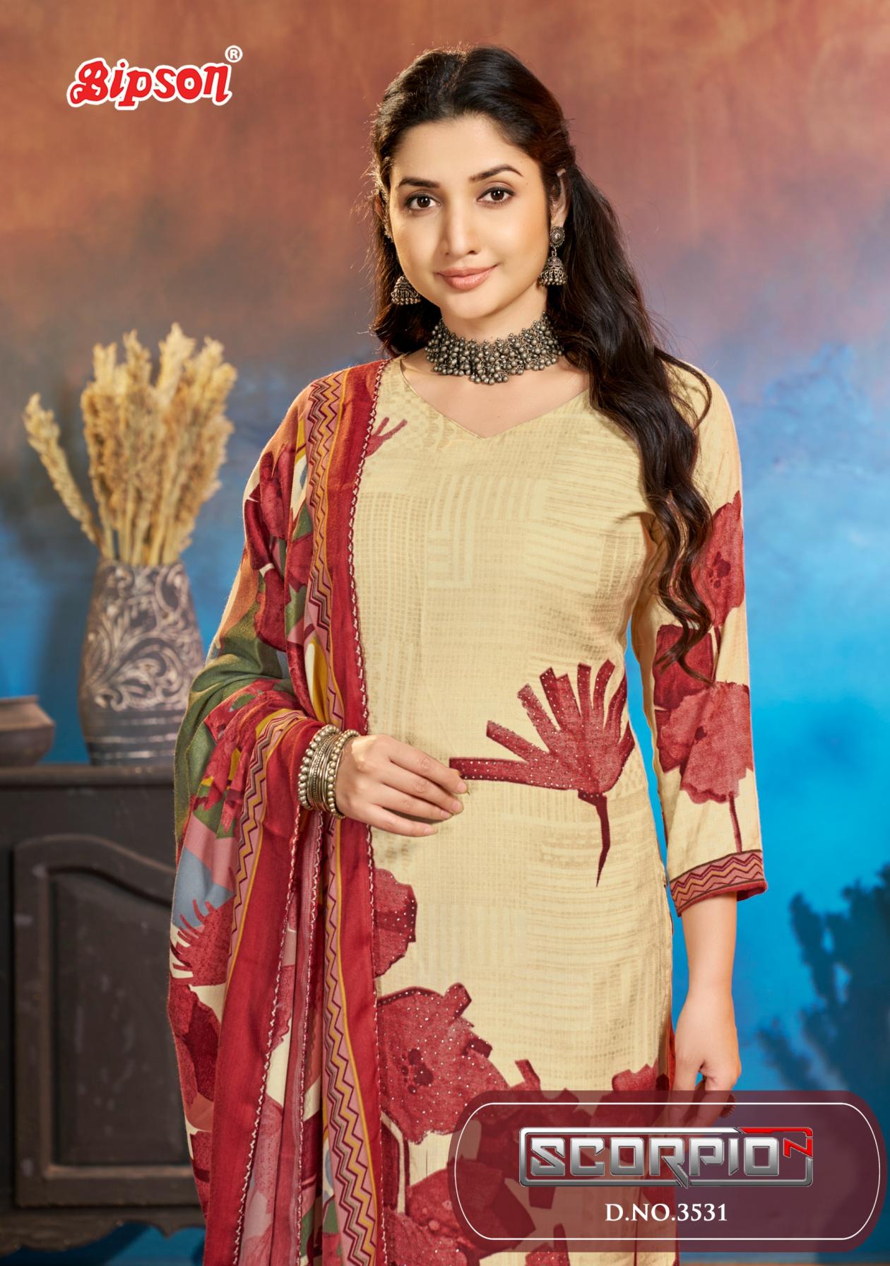 scorpio 3531 by bipson prints casual wear woollen pashmina 3pcs dress