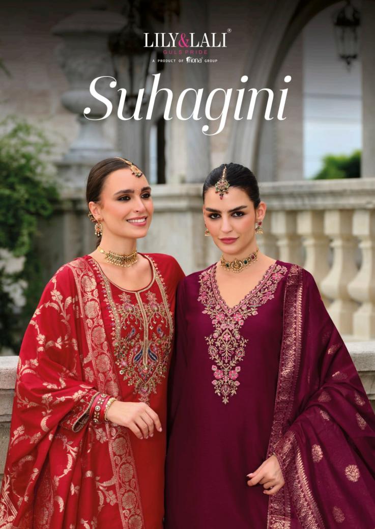 suhagini by lily & lali silk with cotton lining full stitch karwa special plazzo 3pcs dress