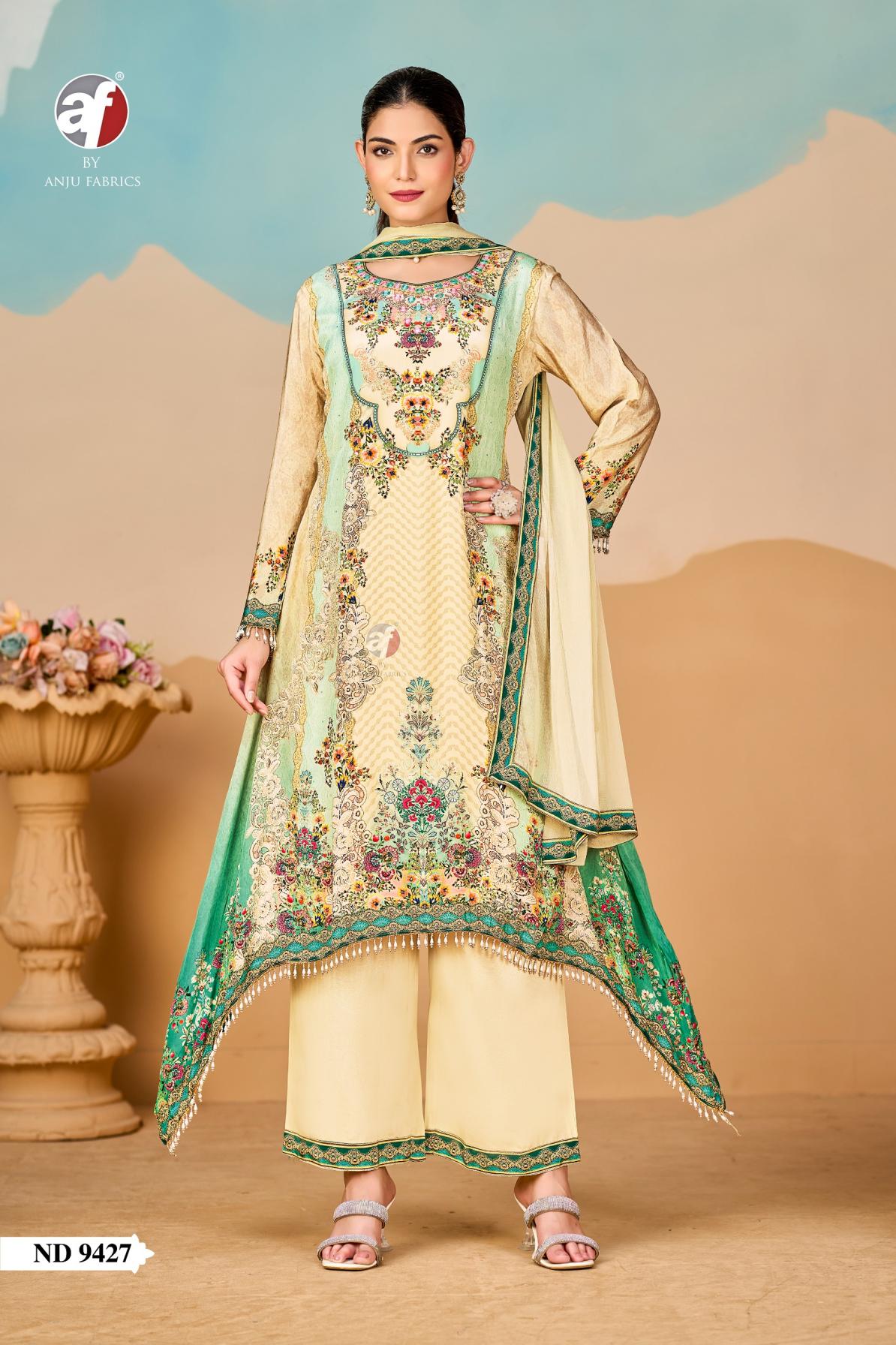 anju fab nd 9427 full stitch combo natural crepe tale cut kurti 3pcs dress 