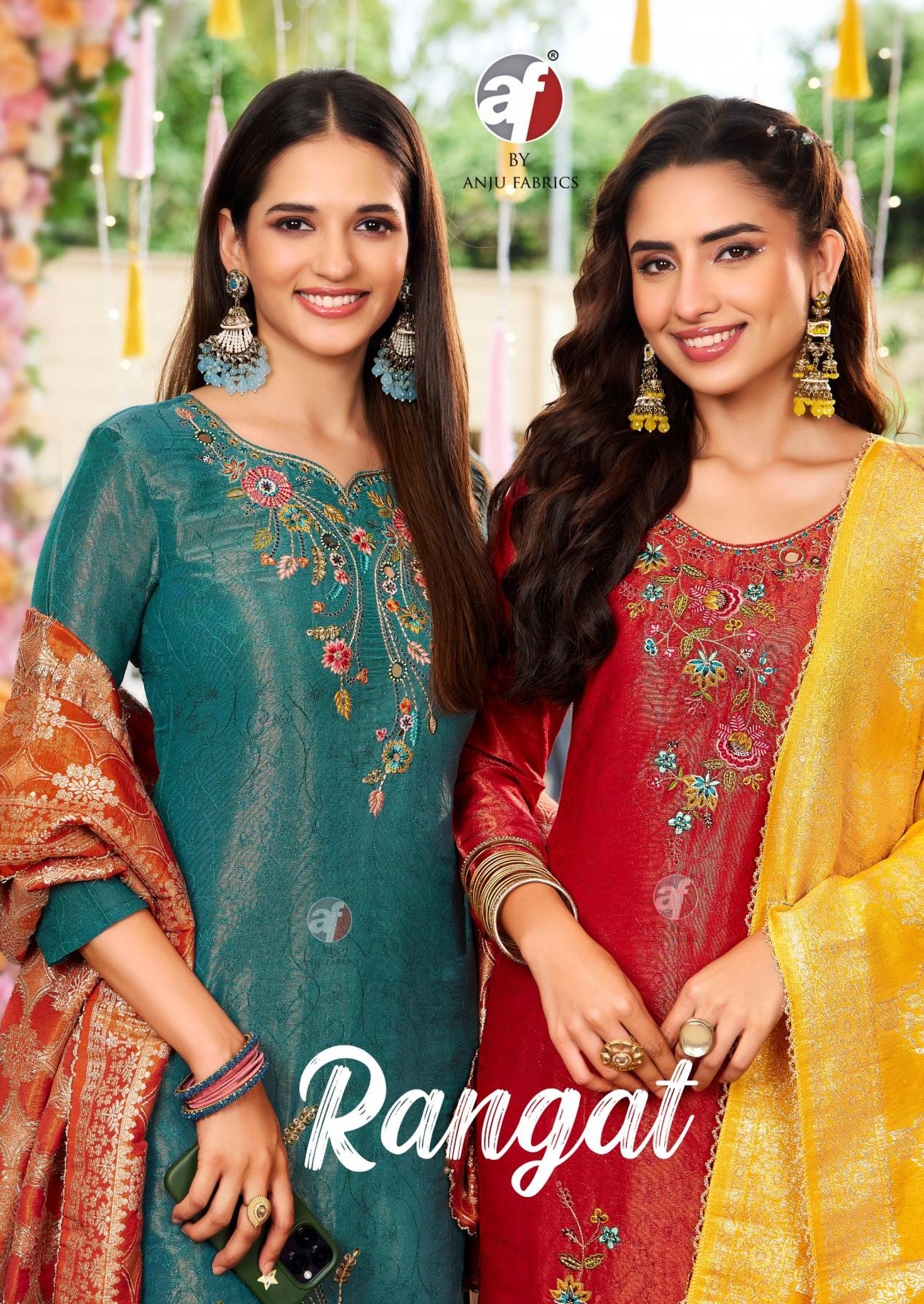 anju fab rangat tissue shimmer fully stitch pretty look 3pcs dress