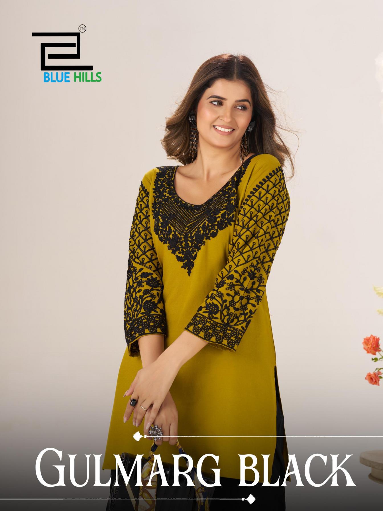 blue hills gulmarg black rayon readymade stylish big size short kurtis  