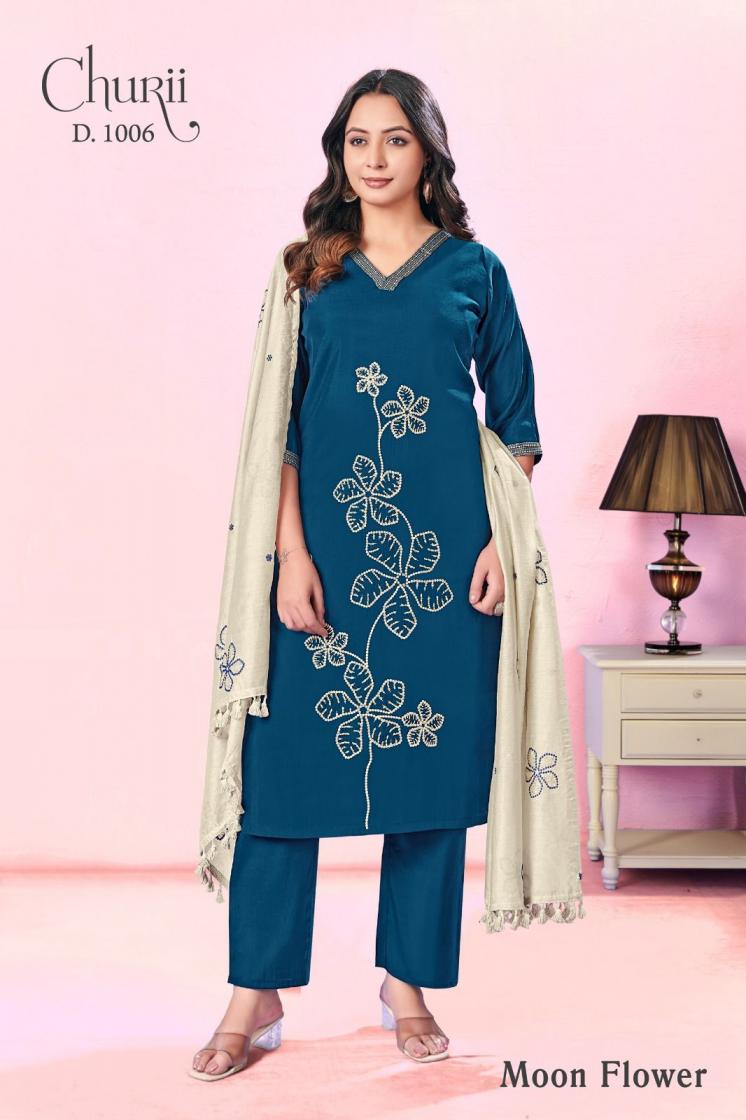 churii moon flower viscose roman silk combo set full stitch attractive dress