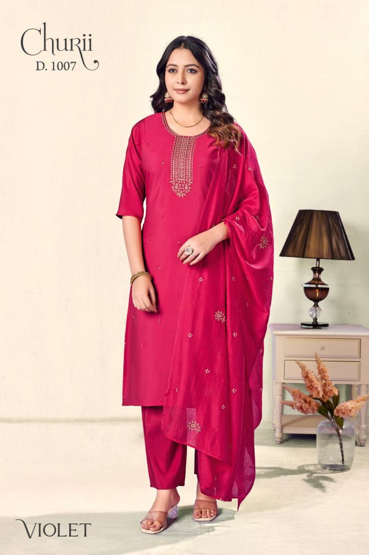 churii violet viscose roman silk readymade combo salwar kameez