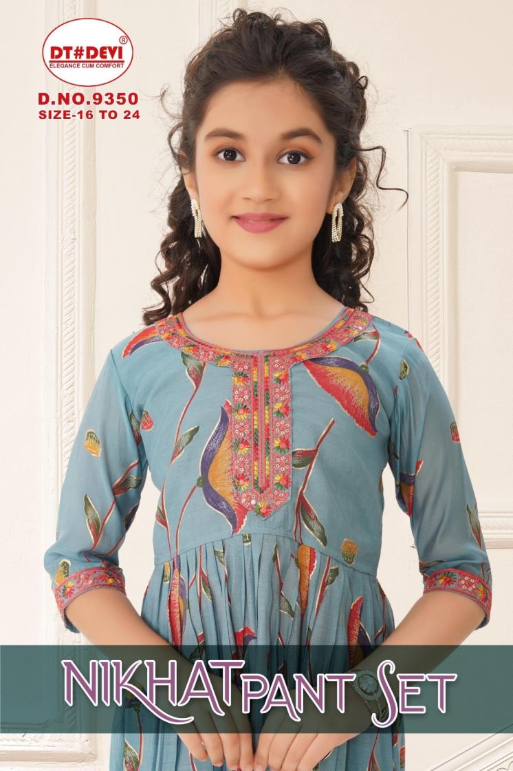 dt devi nikhat 9350 roman shimmer readymade kids combo 3pcs dress